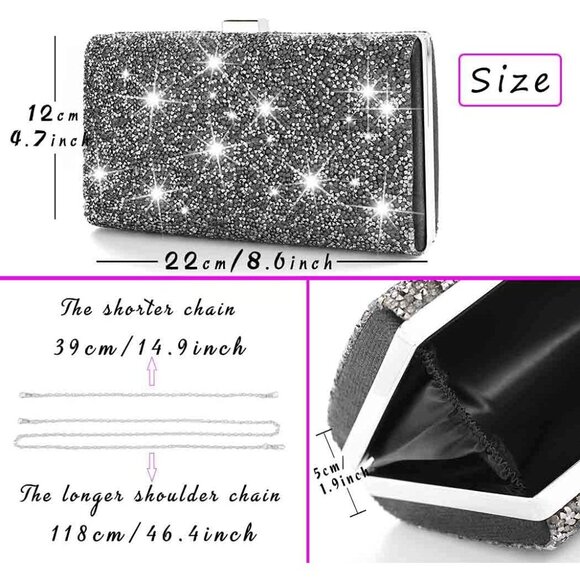 ⚡ Women\'s Glitter Double Sided Diamond Evening Clutch Crossbody Gray Bag